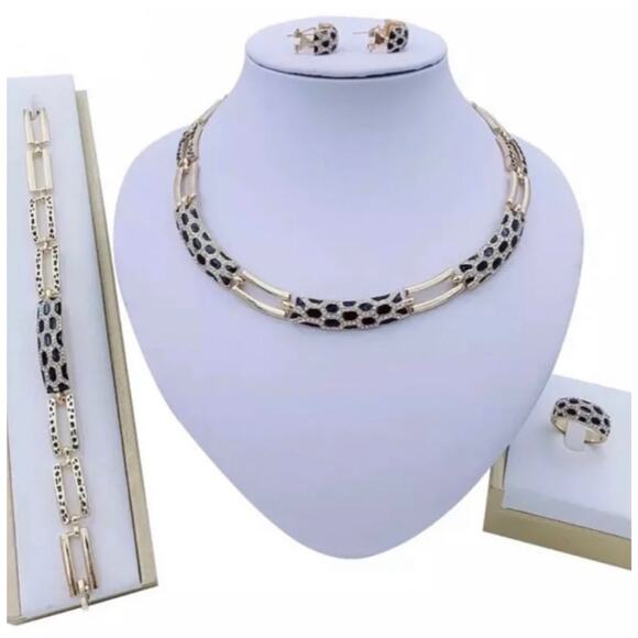 Rhinestone Necklace Bracelet Earring Ring size 7 set Black Enamel Jewelry JU09 - Picture 1 of 5